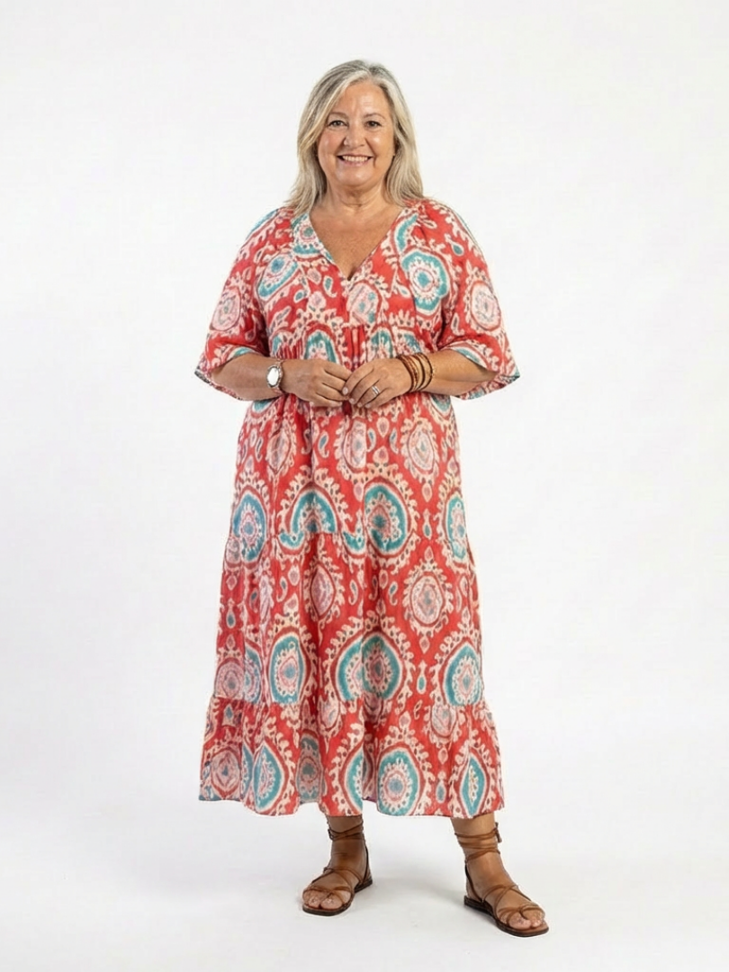 Zaria | Paisley-Druck V-Ausschnitt Kurzarm-Midi-Kleid