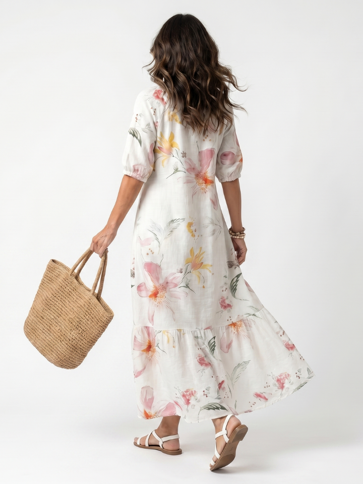 Noa | Weiches florales, gestuftes Midi-Kleid mit Quasten