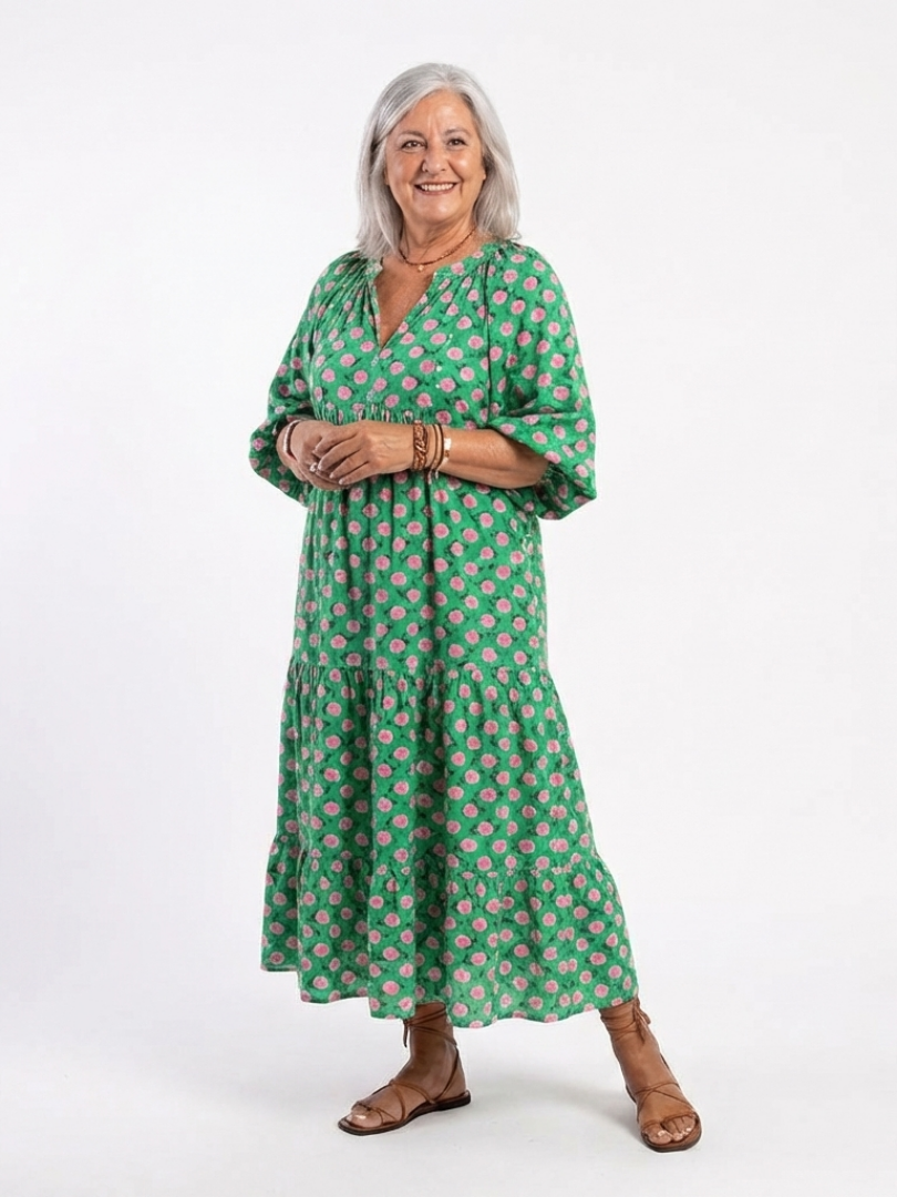 Fiora | Floral Print V-Ausschnitt Tiered Midi Kleid