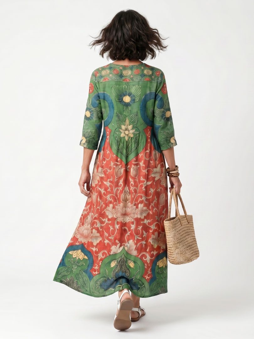 Sloane | Gemischtes Druck V-Ausschnitt Midi-Kleid mit Taschen