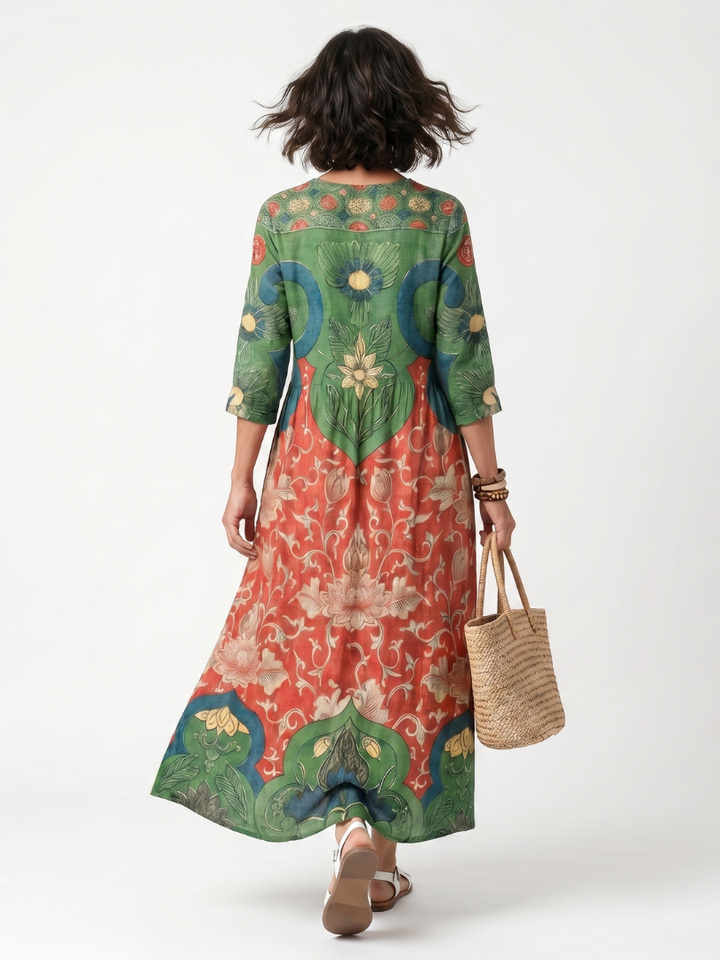 Sloane | Gemischtes Druck V-Ausschnitt Midi-Kleid mit Taschen