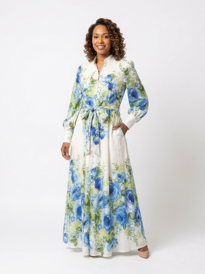 Harper | Langärmliges, blumenbedrucktes Maxikleid mit Knopfleiste