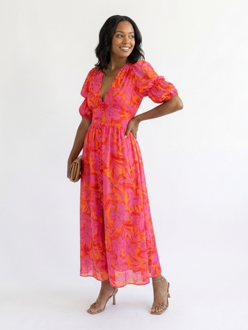 Willow | Floral V-Ausschnitt Puffärmel Midi-Kleid
