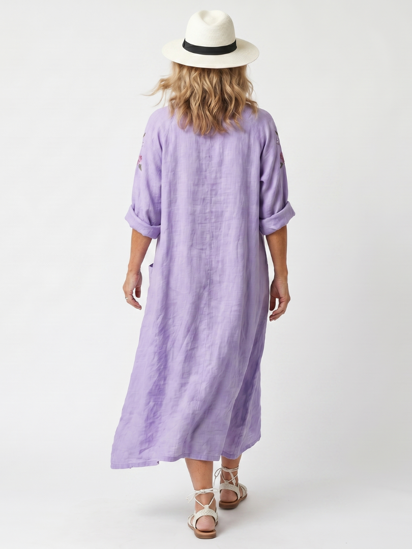 Tavi | Floral Besticktes Oversized Midi-Kleid mit Taschen