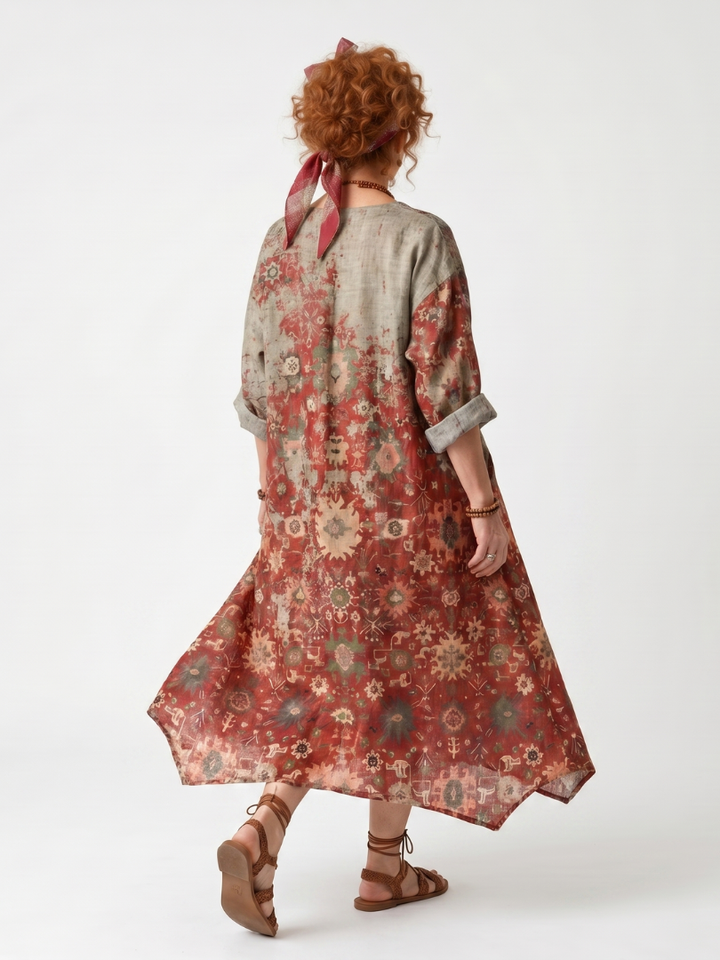 Safran | Gemustertes, lockeres Midi-Kleid mit Taschen