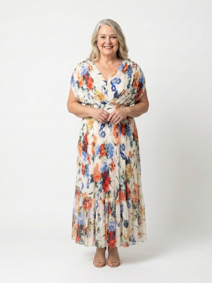 Savannah | Kurzärmliges, gefälteltes, florales Midikleid