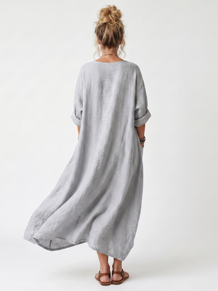 Raina | Kontrastpanel besticktes oversized Midi-Kleid mit Taschen