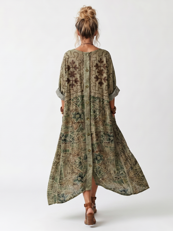 Aleta | Knopf-Front Besticktes Übergroßes Midi-Kleid mit Taschen