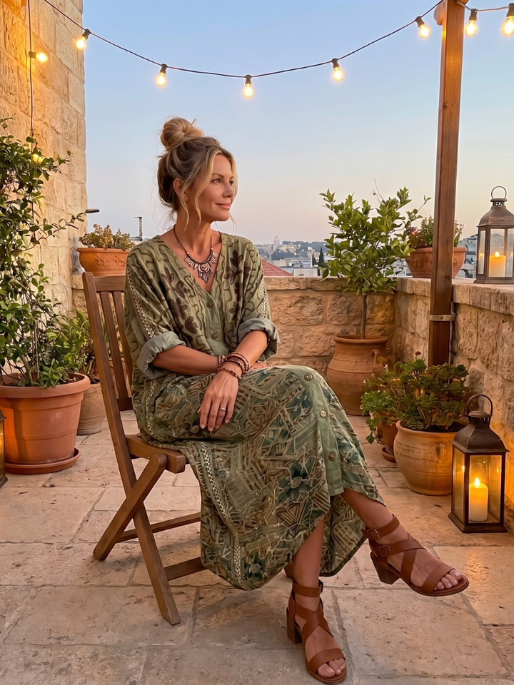 Aleta | Knopf-Front Besticktes Übergroßes Midi-Kleid mit Taschen