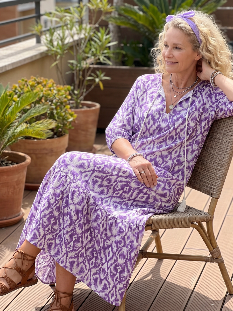 Penelope | Bedrucktes Midi-Kleid mit Quastenbindebändern
