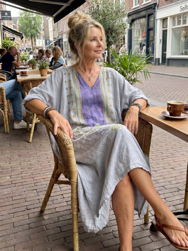 Raina | Kontrastpanel besticktes oversized Midi-Kleid mit Taschen