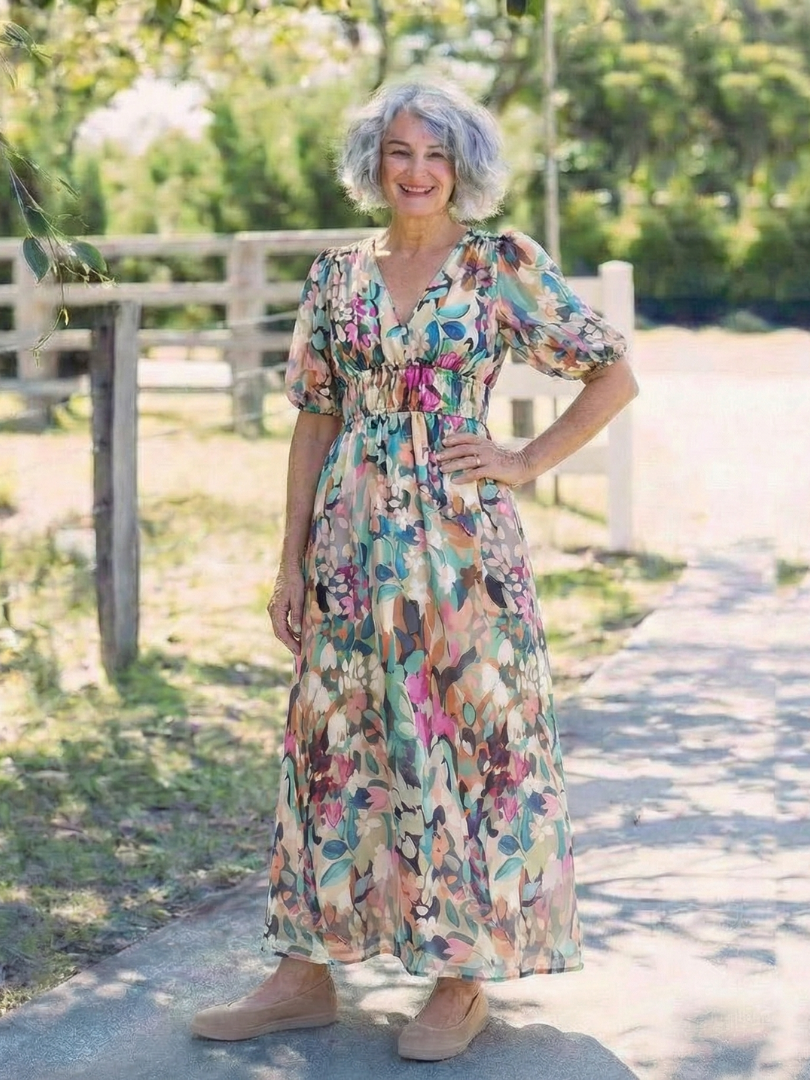 Eulalie | V-Ausschnitt Kurzarm Geraffter Taillen Midi-Kleid