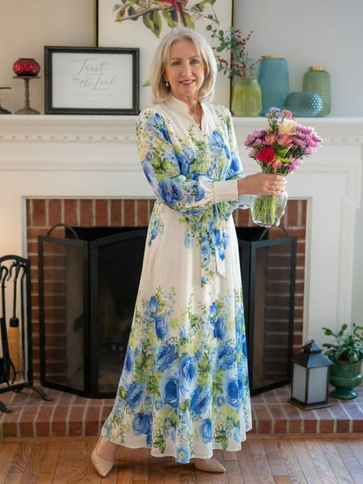 Harper | Langärmliges, blumenbedrucktes Maxikleid mit Knopfleiste