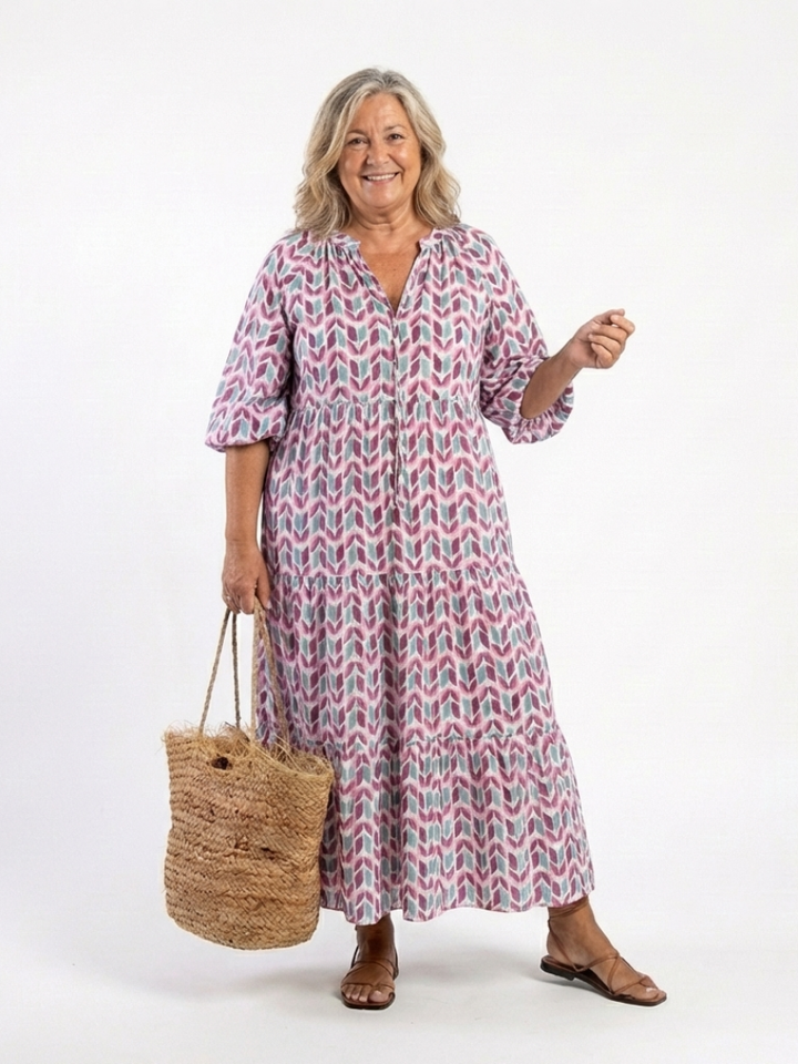 Mireya | Geometrisches Druck Langarm Tiered Midi Kleid