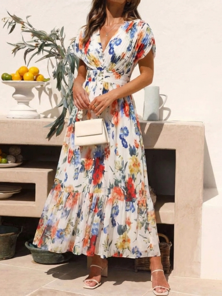 Savannah | Kurzärmliges, gefälteltes, florales Midikleid