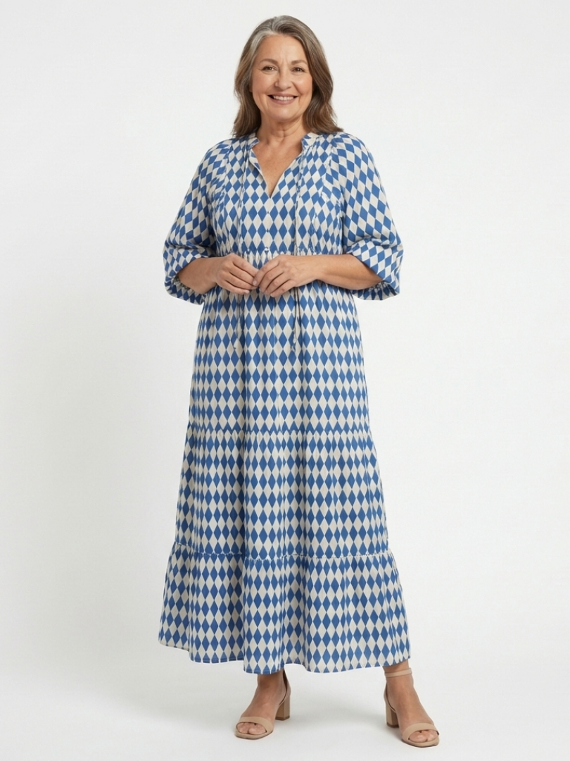 Elodie | Diamantmuster Stufen Midi Kleid