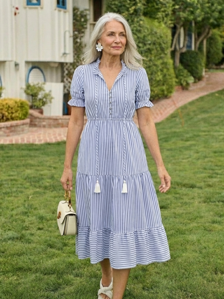Dakota | Kurzärmliges gestreiftes, schichtetes Midikleid