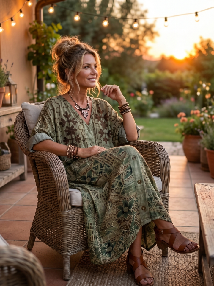 Aleta | Knopf-Front Besticktes Übergroßes Midi-Kleid mit Taschen