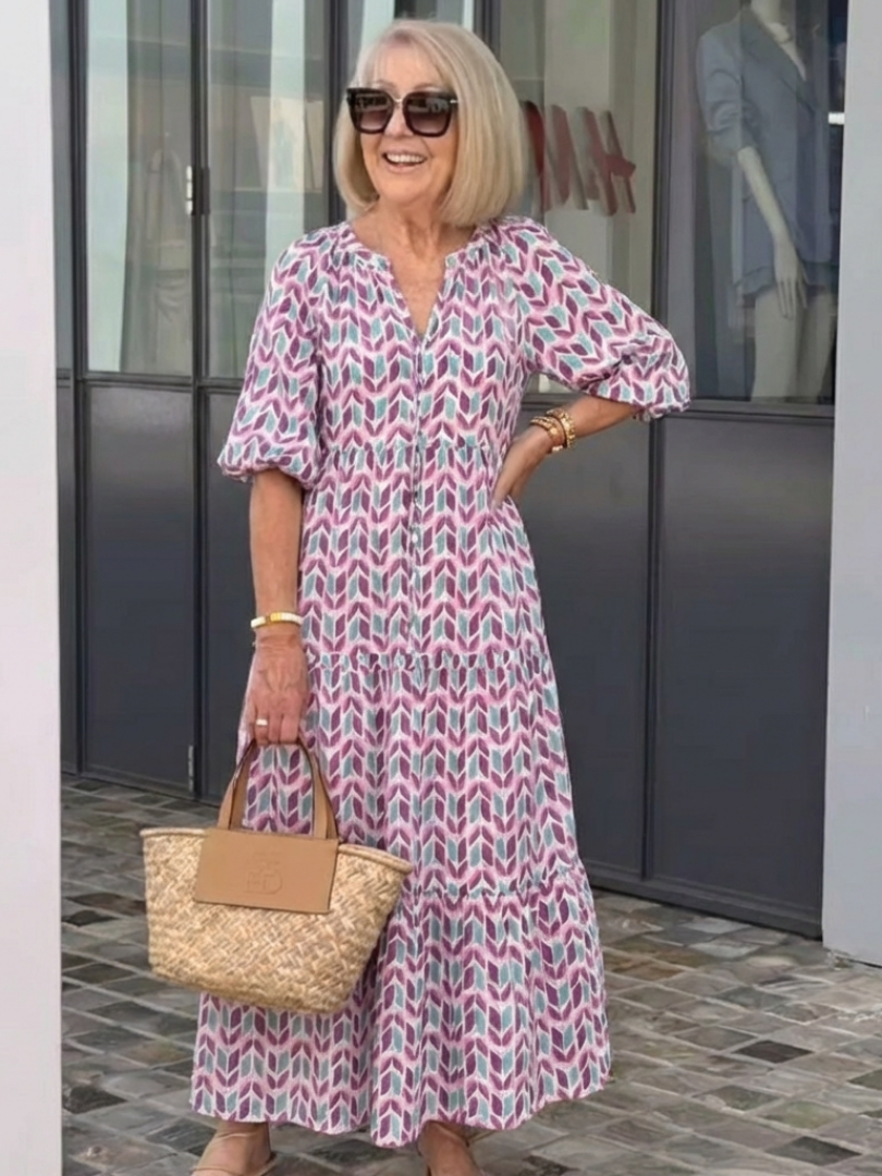 Mireya | Geometrisches Druck Langarm Tiered Midi Kleid
