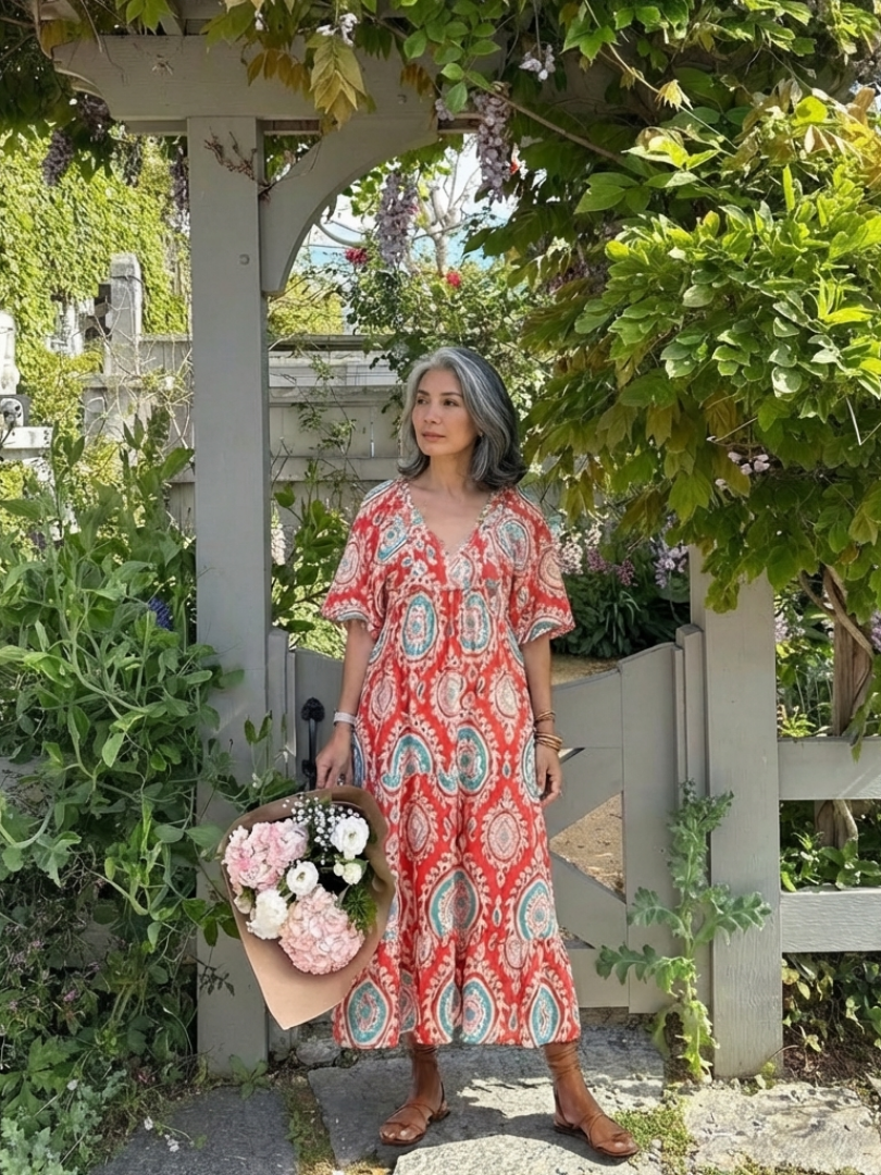 Zaria | Paisley-Druck V-Ausschnitt Kurzarm-Midi-Kleid
