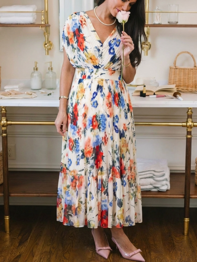 Savannah | Kurzärmliges, gefälteltes, florales Midikleid