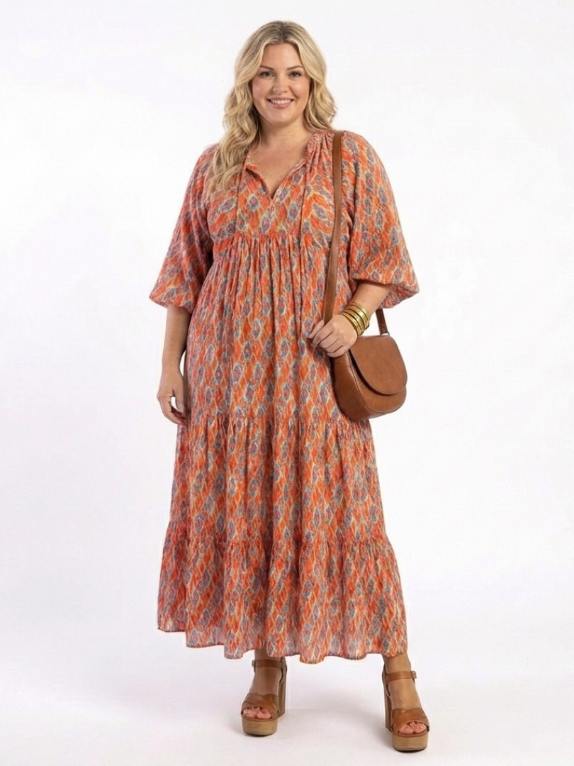 Amara | Geometrisches Druck V-Ausschnitt Midi Kleid