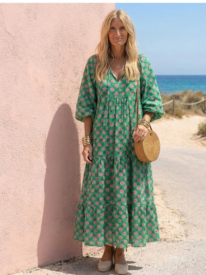 Fiora | Floral Print V-Ausschnitt Midikleid mit Stufen