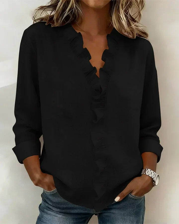 Yvonne | Bluse mit Rüschen, V-Ausschnitt und langen Ärmeln