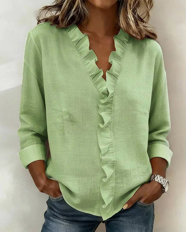 Yvonne | Bluse mit Rüschen, V-Ausschnitt und langen Ärmeln