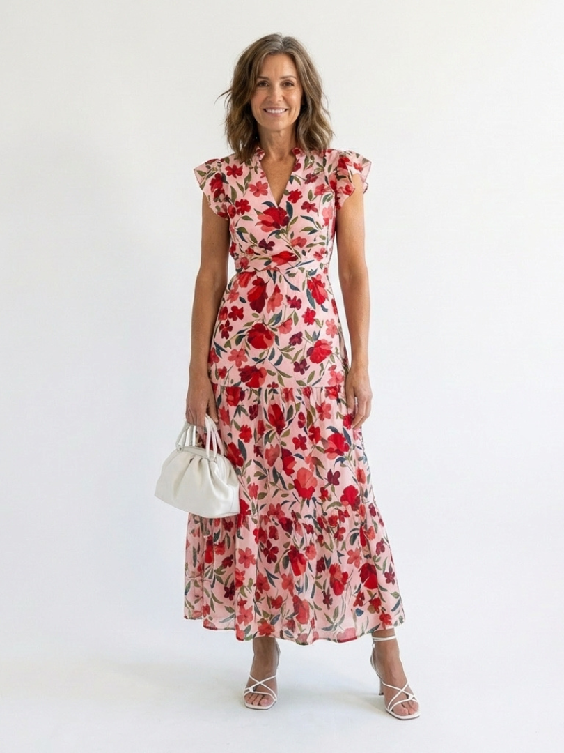 Lila | Florales V-Ausschnitt Stufen-Midi-Kleid