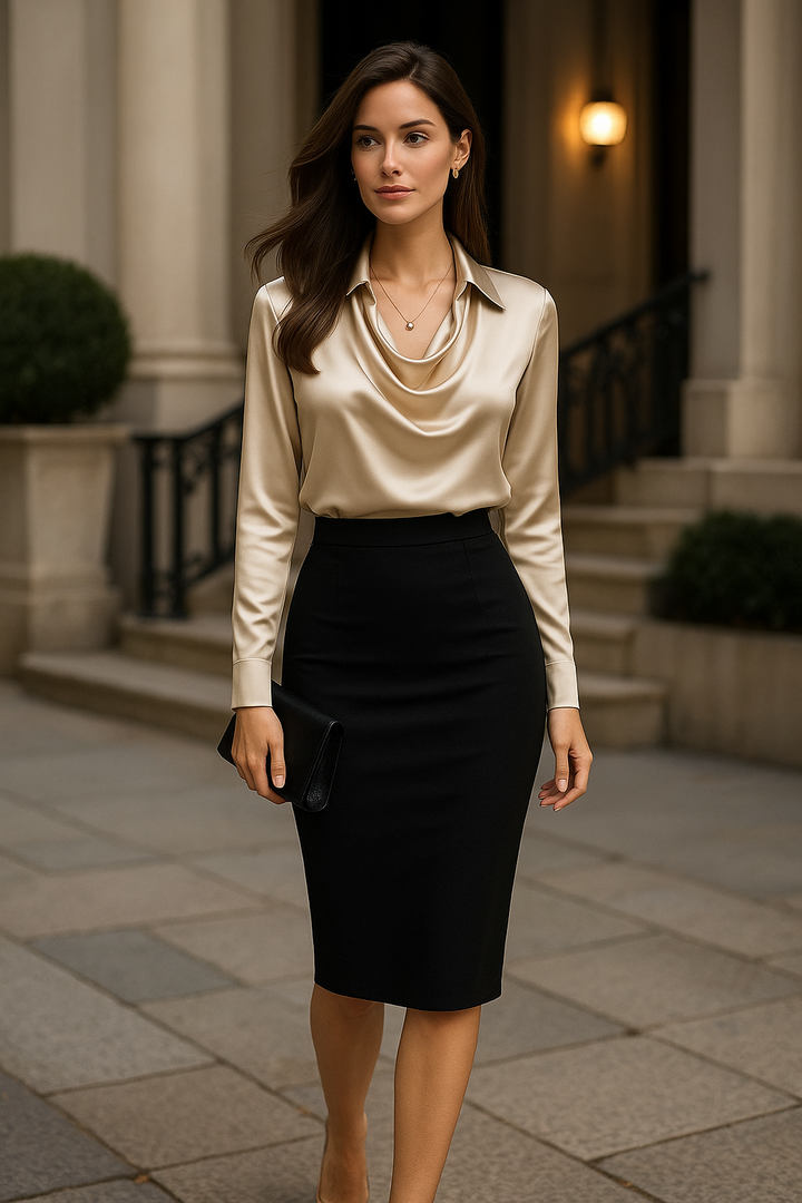 Noelle™ | Glänzende Bluse mit Faltenkragen