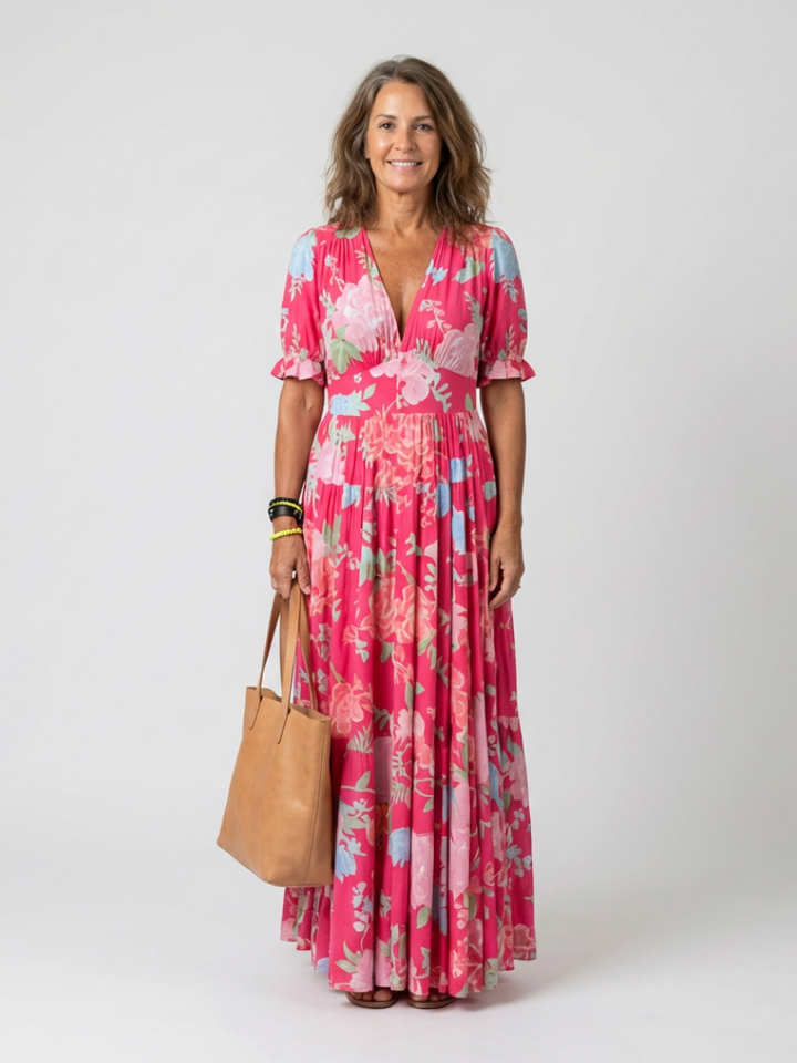 Ione | Kurzarm V-Ausschnitt Blumen Midi Kleid