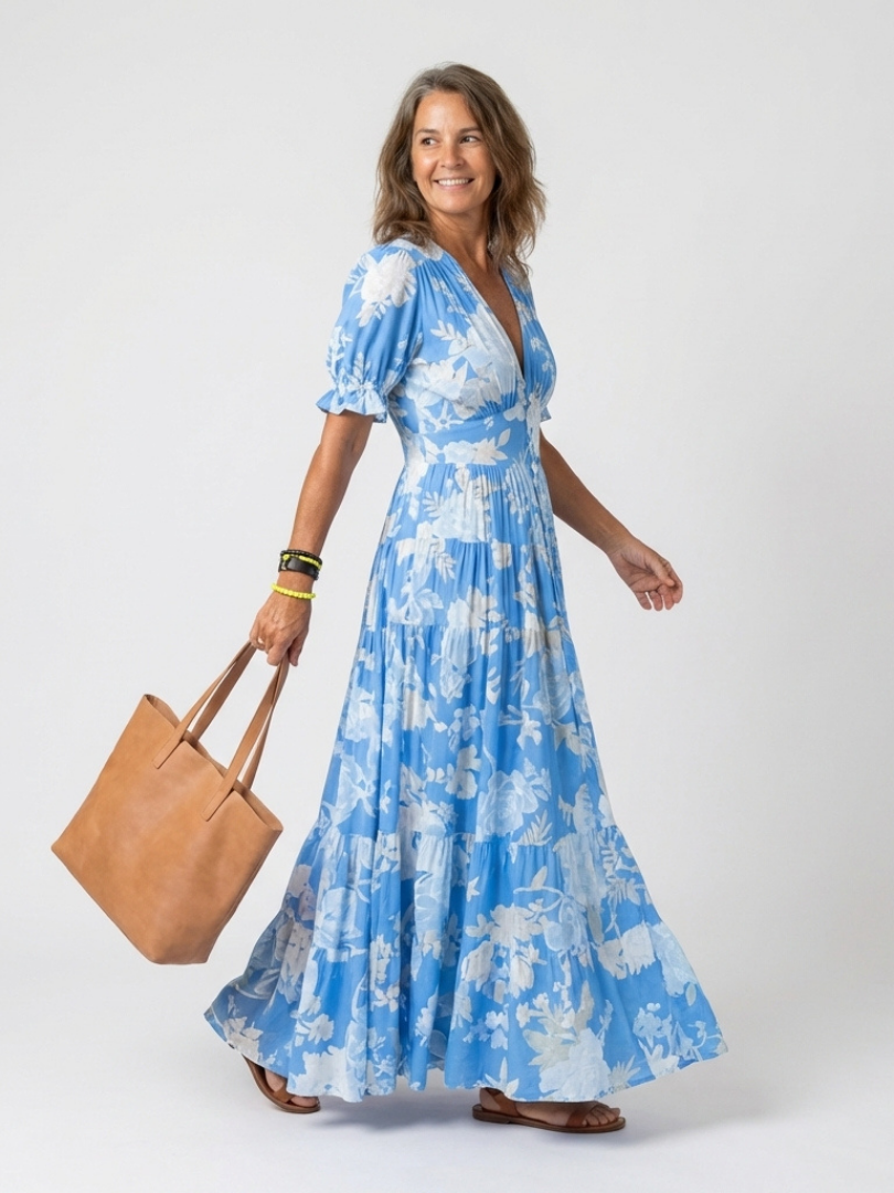 Ione | Kurzarm V-Ausschnitt Blumen Midi Kleid