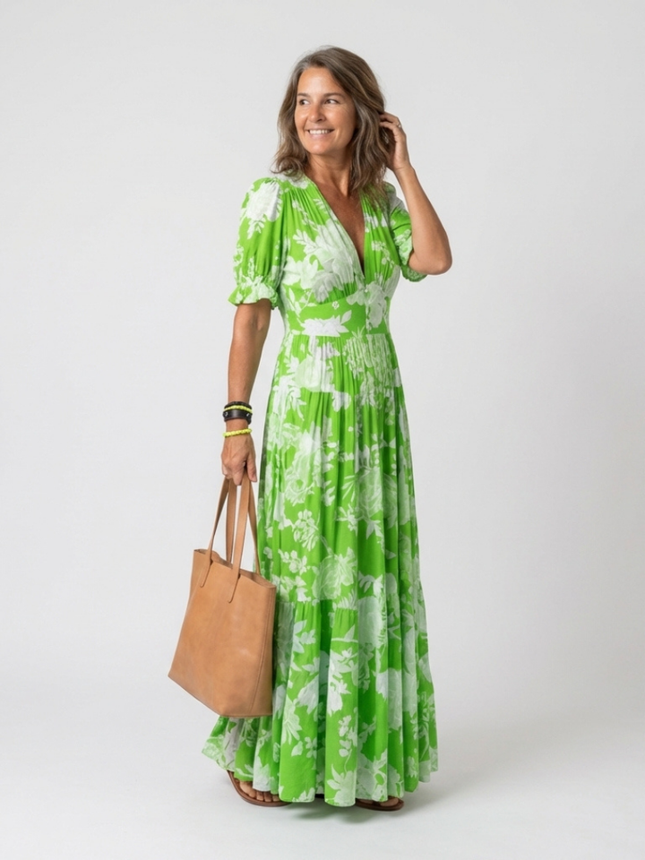 Ione | Kurzarm V-Ausschnitt Blumen Midi Kleid