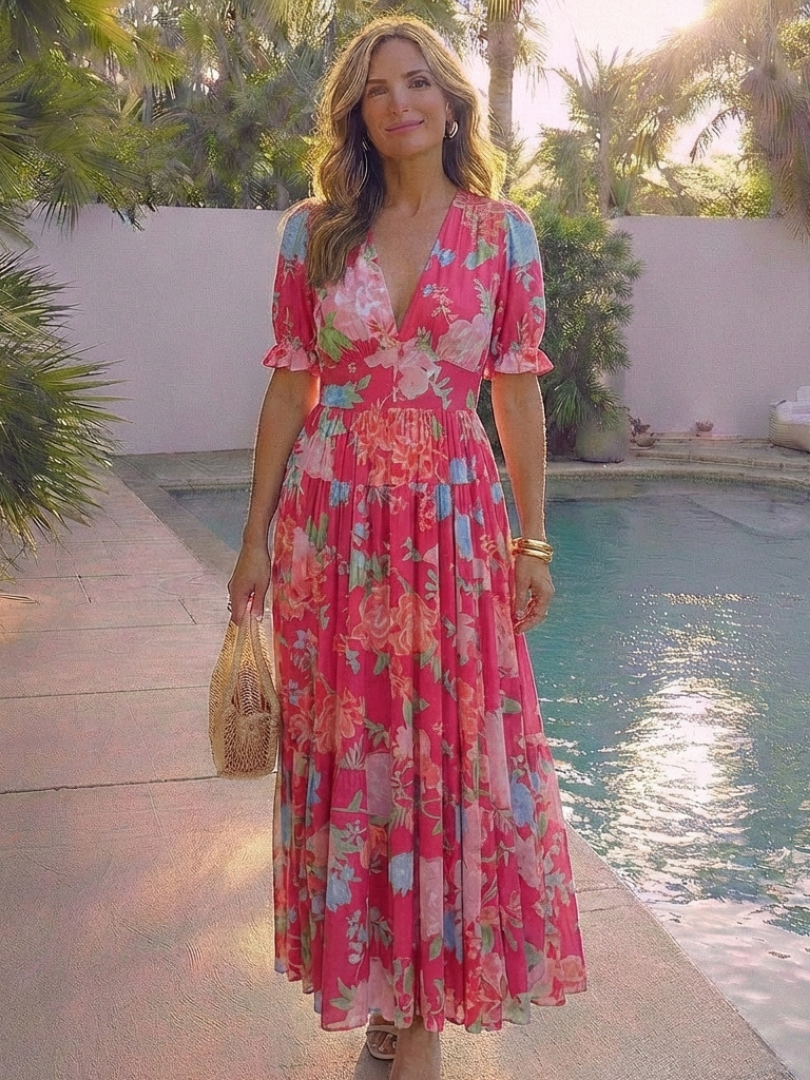 Ione | Kurzarm V-Ausschnitt Blumen Midi Kleid