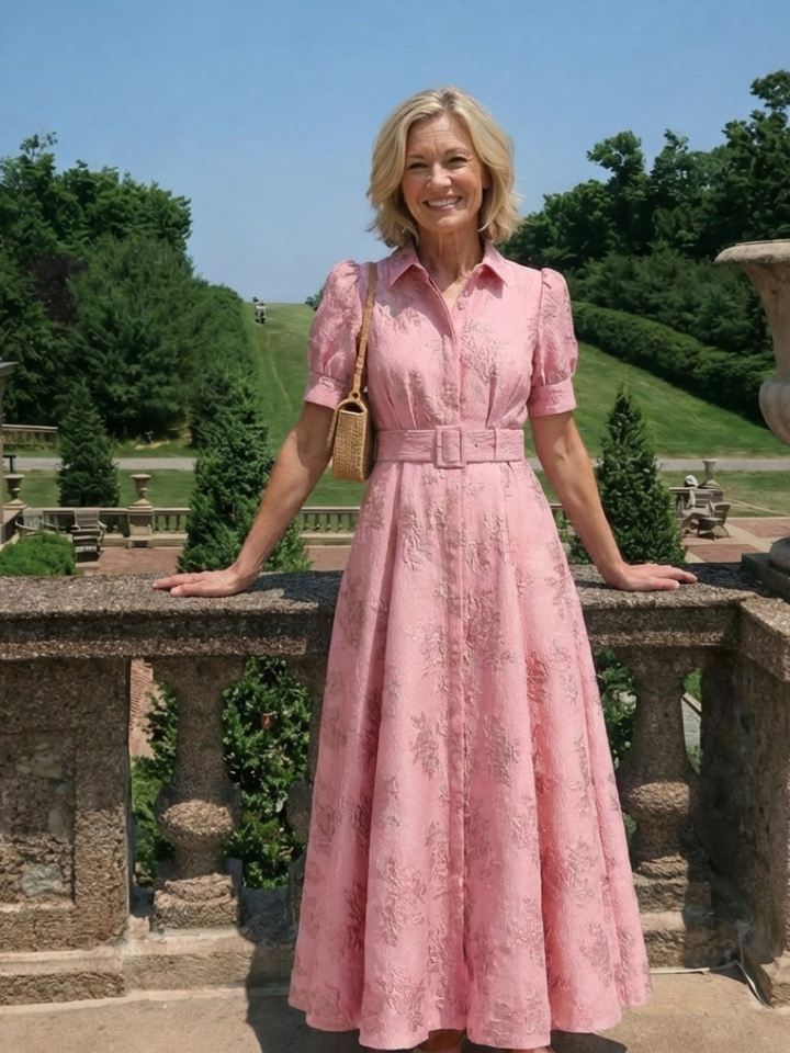 Xanthea | Kurzärmliges, gebundenes, florales Maxikleid mit Struktur