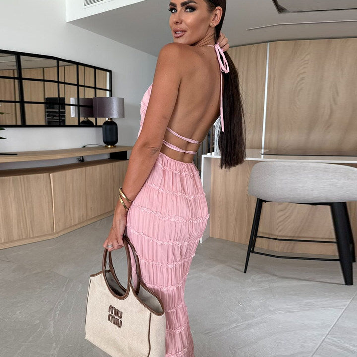 Caroline | Strukturiertes Neckholder-Maxikleid 