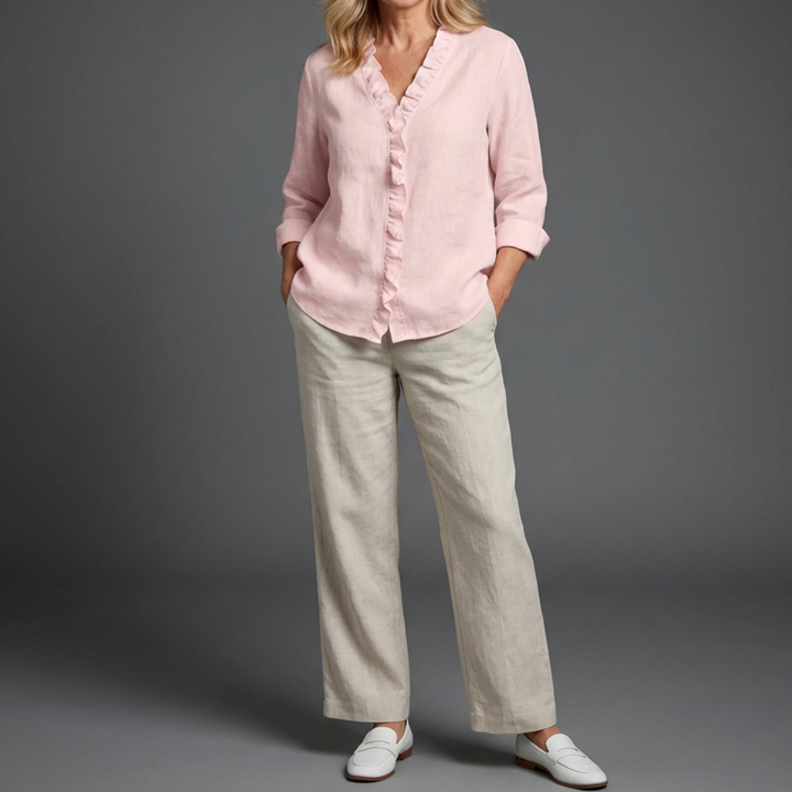 Yvonne | Bluse mit Rüschen, V-Ausschnitt und langen Ärmeln