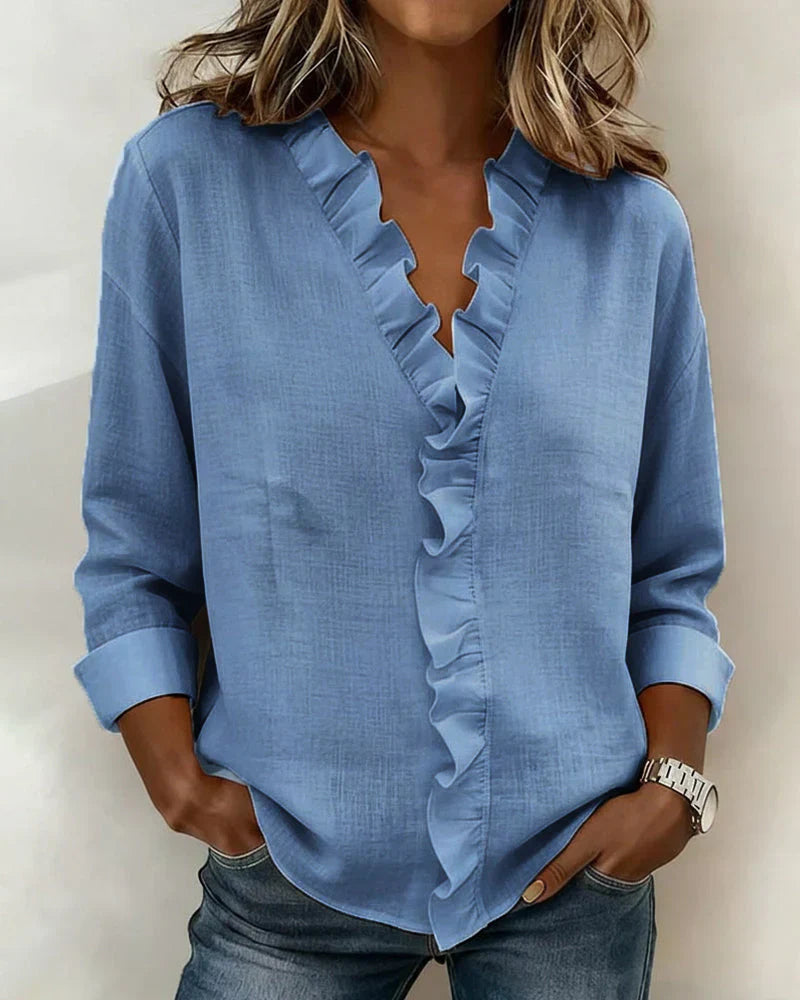 Yvonne | Bluse mit Rüschen, V-Ausschnitt und langen Ärmeln