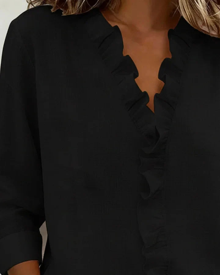 Yvonne | Bluse mit Rüschen, V-Ausschnitt und langen Ärmeln