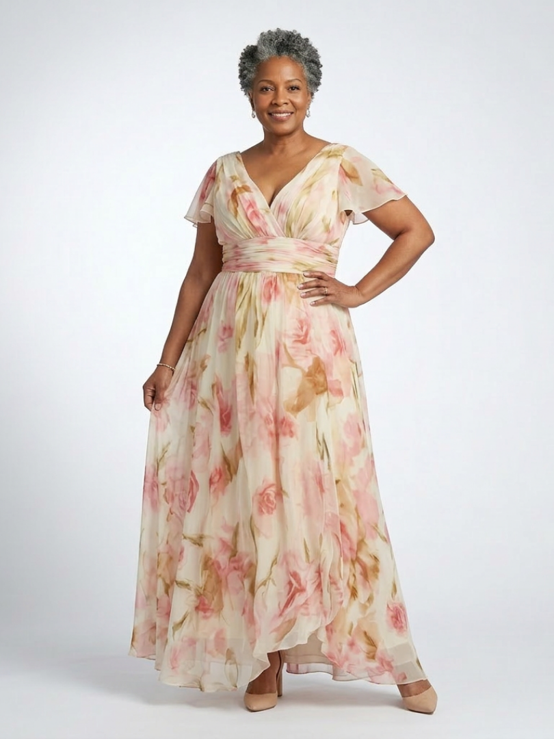 Elara | V-Ausschnitt Kurzarm Blumen Maxi Kleid
