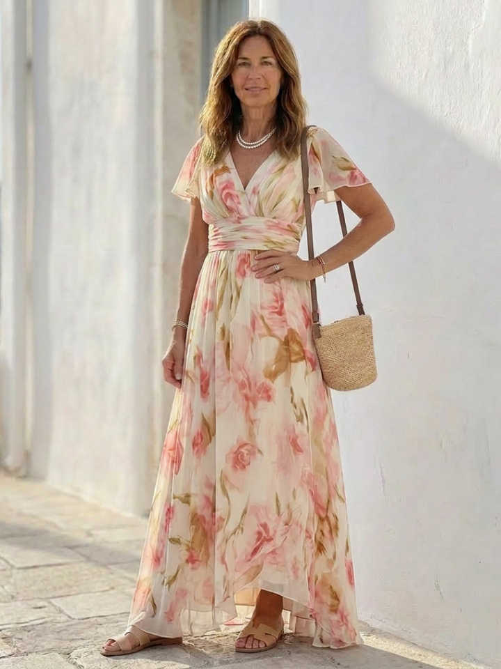 Elara | V-Ausschnitt Kurzarm Blumen Maxi Kleid