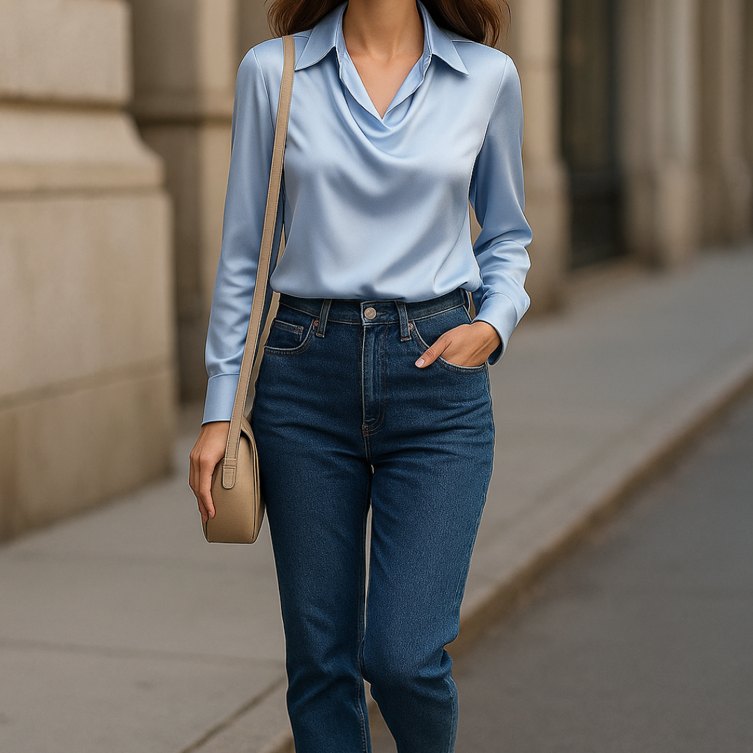 Noelle™ | Glänzende Bluse mit Faltenkragen
